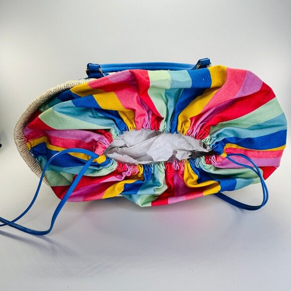 On 34th Isabellaa Straw Medium Tote Bag Drawstring Gold Hardware Blue Rainbow - Picture 3 of 7